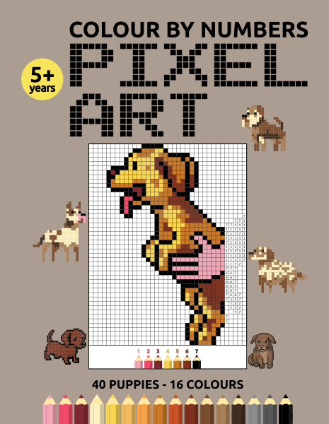 Colouring book cover with numbers in pixel art